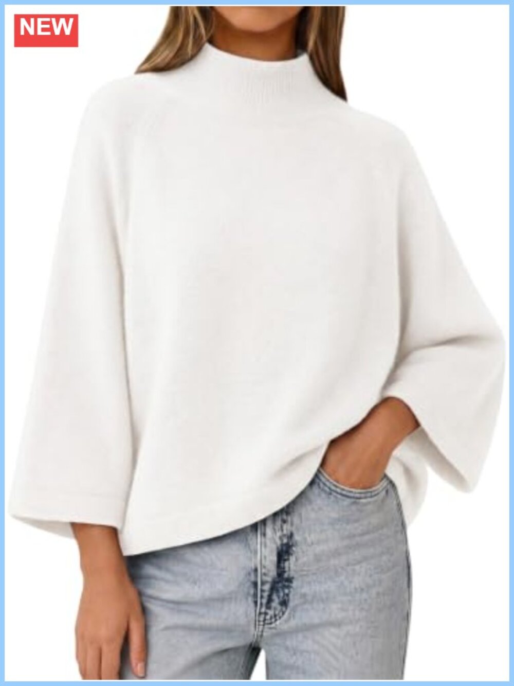 Cicy Bell Women's 3/4 Bell Sleeve Mock Neck Oversized Knit Sweater Pullover